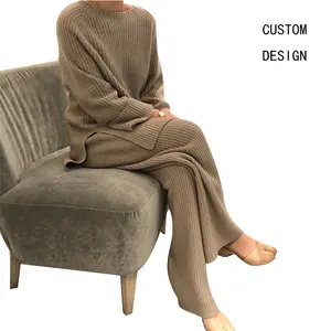फैक्टरी कस्टम सर्दियों चंचल ठोस रंग बुना हुआ स्वेटर महिला स्वेटर के साथ व्यापक पैर पैंट दो टुकड़ा सेट