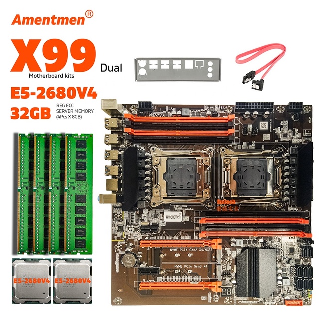 Amentmen Dual X99 Motherboard With LGA2011-3 XEON E5 2680 V4 *2 CPU With 4pcsX8GB = 32GB DDR4 2133 MHz Server Memory Combo Kit