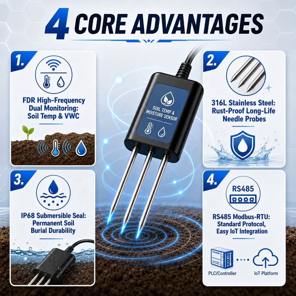 Resistence Temperature Sensor IP68 Soil Temperature and Moisture Sensor FDR Transmitter RS485 Modbus ...