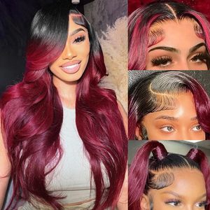 Pelucas delanteras de encaje transparente 13x4 con reflejos rubios rojos negros, peluca Frontal de encaje brasileño con ondas corporales de cabello humano prearrancado - Product Image 1