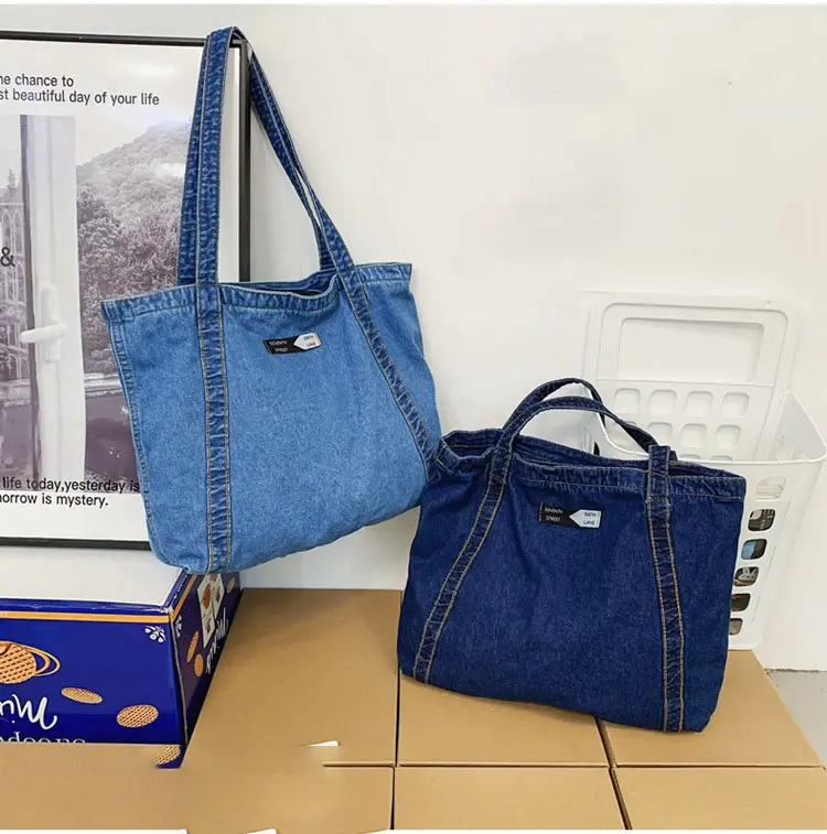 Wholesale Casual Eco friendly Blue Denim Shopping Tote Bag Custom Simple Extra Large Jeans Shoulder Handbag with private label