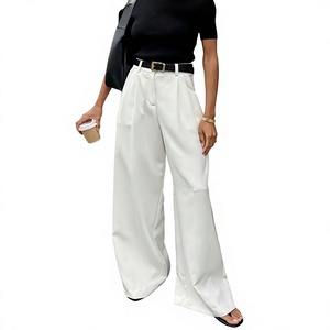 Pantalon large blanc taille haute pour femme en satin plissé, coupe ample, longueur intégrale, style minimaliste, couleur unie, idéal pour l'été - Product Image 4