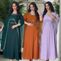 [RTS] Robe de luxe élégante en polyester et mousseline de soie avec perles pour femmes musulmanes, col bateau, longueur cheville, manches papillon volantées, Kaftan Abaya