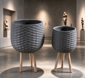 Modern Concrete Flower Pot with Wood Legs 3D Diamond Pattern Indoor Planter Set Minimalist Design for Hotel Decor - Product Image 4