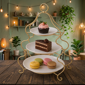 ชั้นวางเหล็ก 3 ชั้นสำหรับจานขนมหวาน ชั้นวางเค้กทรงกลม ที่วางโลหะสำหรับตกแต่งโต๊ะงานแต่งงาน - Product Image 4