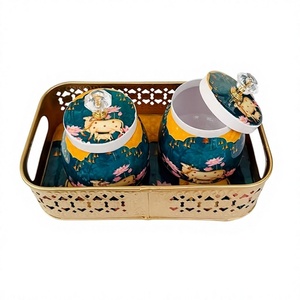 Juego de 2 Bandejas Decorativas Art Deco, Bandeja Redonda de Metal Artesanal con Frascos con Tapa, para Diwali, Año Nuevo Chino - Product Image 1