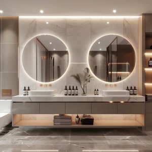 Mueble de Baño Flotante de Madera Natural Personalizado <span class=keywords><strong>con</strong></span> Estantes Laterales Abiertos y Espejo Ovalado <span class=keywords><strong>con</strong></span> LED para Baños Modernos - Product Image 5