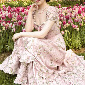 Abito Lungo Elegante da <span class=keywords><strong>Donna</strong></span> in 100% <span class=keywords><strong>Lino</strong></span> con Stampa Floreale Rosa, Scollo Quadrato e Maniche Corte, Stampa Digitale per Invitate a un Matrimonio - Product Image 3