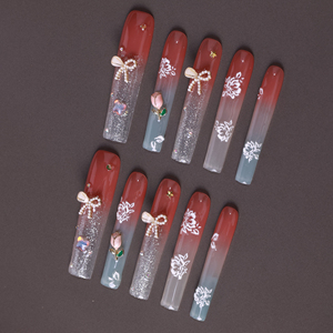 Prix usine de gros Faux ongles de luxe faits à la main en acrylique à presser, avec strass, forme carrée, motif French manucure 3D à couverture complète - Product Image 2