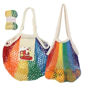 Customized colorful gradient color rainbow reusable grocery cotton net mesh shopping beach handle tote bags with long handles