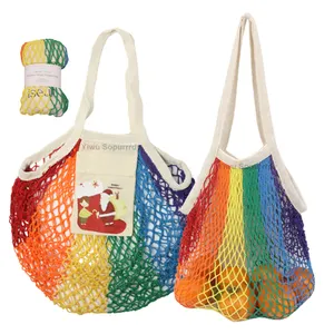 Borse Tote Riutilizzabili in Cotone a Rete con Manici Lunghi, Personalizzabili con Logo, Colorate con Gradiente Arcobaleno, per la Spesa e la Spiaggia - Product Image 3