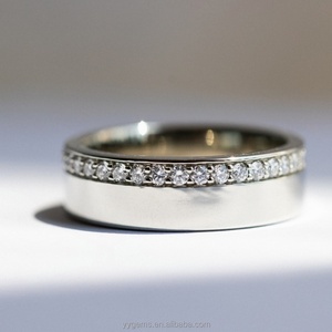 Yu Ying Custom 18K Solid Gold Flat Style <b>Band</b> Offset Halfway Pave VVS Moissanite Diamonds Wide <b>Band</b> Fine Jewelry <b>Rings</b> <b>Band</b> - Product Image 2
