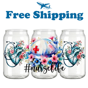 Lote Mixto de Envolturas UV DTF para Vasos de 16oz Libbey, Ecológicas, con Diseños de Rosa, Azul, Estetoscopio, Lazo y Enfermera, Listas para Enviar en 48 Horas - Product Image 1