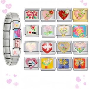 Pulsera de dijes italiana de acero inoxidable personalizada con patrón rosa, pulsera de dijes al por mayor, pulsera DIY para mujer, regalo de San Valentín - Product Image 2