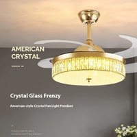 Ventilateur de plafond intégré de style européen en cristal, avec éclairage à fréquence variable, lustre doré LED, télécommande, en fer, intensité réglable, pour salon