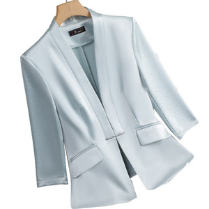 Women's White Three Quarter Sleeve Blazer Lightweight Solid Color Polyester Breathable Spring Summer Professional Casual Fit - Product Image 5
