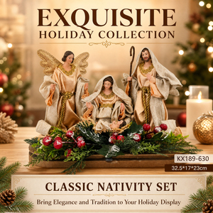 Ensemble <span class=keywords><strong>de</strong></span> crèche artisanale <span class=keywords><strong>en</strong></span> gros avec figurines <span class=keywords><strong>en</strong></span> <span class=keywords><strong>résine</strong></span> <span class=keywords><strong>de</strong></span> l'Ange, Marie, Joseph et l'Enfant Jésus, base <span class=keywords><strong>en</strong></span> bois, verdure et baies rouges - Product Image 3