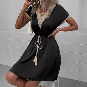 Nuevo Estilo Verano-Otoño 2026, Vestido Casual para Niña, Color Sólido, Transpirable, Mini Plisado, Manga Corta, Cuello en V con Encaje, Cintura Natural, para Exteriores - Product Image 4