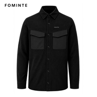 Jaket Shacket Fleece Hitam Pria Kustom, Jaket Kemeja Kasual Hangat Musim Dingin dengan Kancing dan Dua Saku Dada, Layanan OEM ODM