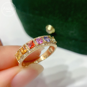 อาซูโอ 18K แหวนทองคำแท้สีเหลืองประดับสายรุ้ง แซฟไฟร์ธรรมชาติ ทรงเจ้าหญิง เพชรแท้ ของขวัญสุดหรูสำหรับเครื่องประดับงานปาร์ตี้ของผู้หญิง - Product Image 1