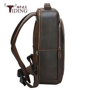 Tiding Crazy Horse Leather <b>Backpack</b> Dark <b>Brown</b> Laptop Compartment Men's Travel <b>Backpack</b> - Product Image 1