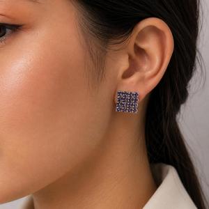 925 Sterling <b>Silver</b> Rhodium Plated Blue Sapphire Square Cluster <b>Stud</b> Earrings - Product Image 1