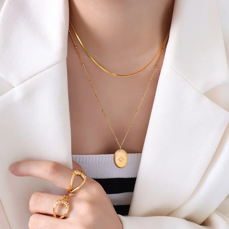 SY New Fashion Titan Stahl beschichtung 18 Karat Gold Halskette Damen Kokosnuss Runde Doppels chicht Anhänger Halskette