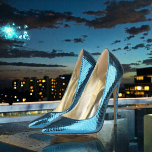 Royal Blue Metallic PU Hollow Spike <b>Heels</b> Women Dress Shoes Pointed Toe Sexy Pencil Slip-On Closure Spring Summer 12cm - Product Image 3