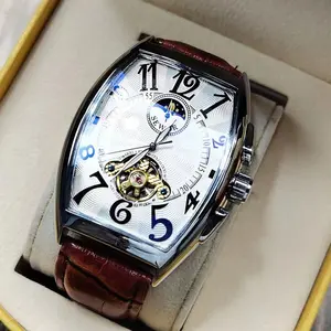 Relógio de luxo masculino de couro, clássico, transparente, luminoso, personalizado, quadrado, mecânico automático