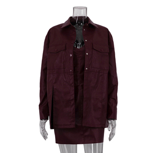 Tendenze della moda nuovo <span class=keywords><strong>abbigliamento</strong></span> in pelle sintetica bordeaux Set di abiti da donna 2 pezzi giacca cappotto e vestito donna - Product Image 2