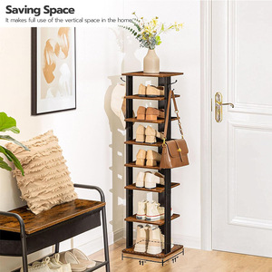 Multi Tiered Iron Wood <b>Shoe</b> Rack Brown <b>Space</b> <b>Saving</b> <b>Storage</b> Unit For Entryway Hallway Balcony Home Use - Product Image 2