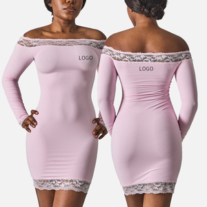 SK1344 Abito Mini Aderente da Donna con Maniche Lunghe a Campana e Spalle Scoperte <span class=keywords><strong>in</strong></span> Pizzo e Nylon Lavorato a <span class=keywords><strong>Maglia</strong></span> per Club, Shopping e Vacanze - Product Image 2