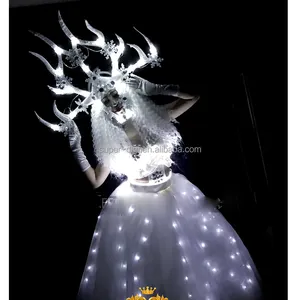 Beyaz boynuzları kraliçe dans kostümü gece kulübü DS beyaz LED şapka kostümleri kulübü parti kız dans giyim
