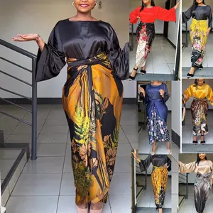 L0396 Best Selling Silk Half Sleeve And Printing Long Skirt Two Piece Set Elegant African Women Outfits