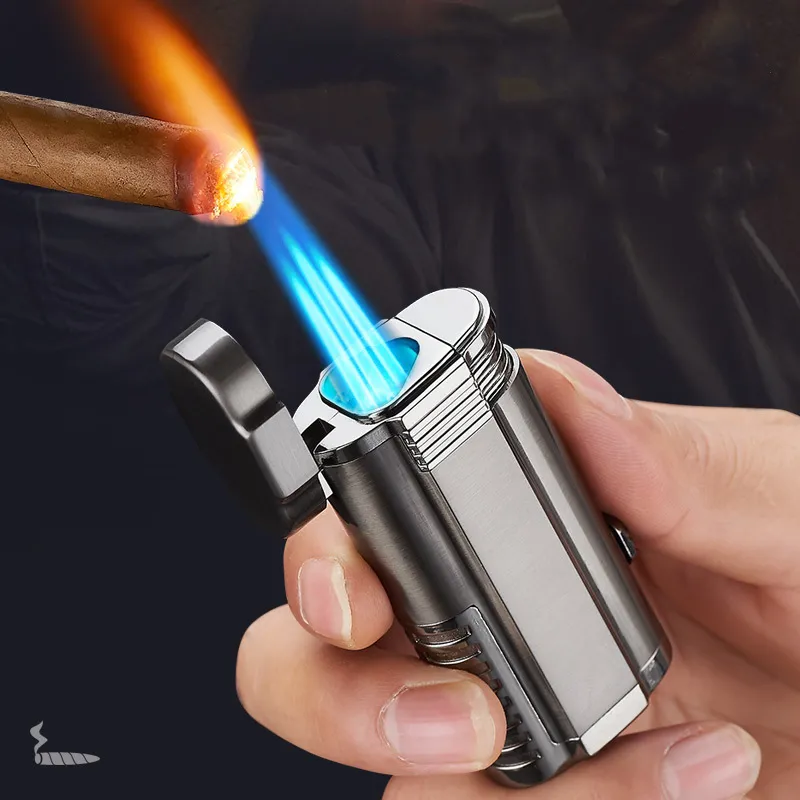 Оптовая продажа, индивидуальная надувная зажигалка с тройным пламенем, зажигалка для сигар с ножом для сигары, многоразовая Бутановая газовая зажигалка