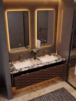 Ensemble de meubles de salle de bain de luxe moderne de style italien, en chêne, avec vasque double murale en pierre naturelle, personnalisable