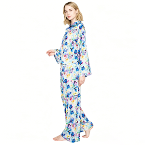 New Design Custom Bamboo Sleepwear <b>Womens</b> Long Sleeves <b>Button</b> <b>Up</b> Top & Wide Leg Pants Floral Print Pajama Set - Product Image 2