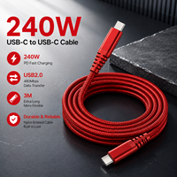 Câble Type C 240W, longueur 3 m, câble USB 2.0, transfert de données, haute qualité, USB C vers USBC, charge rapide, câble tressé en nylon rouge