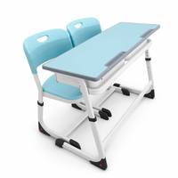 Bureau d'étudiant moderne 2 places avec chaises, cadre métallique réglable en hauteur, ensemble table et chaises pour salle de classe avec étagère de rangement et plateau à stylos