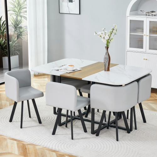 White Wood Rectangular Table + Gray Chair + Seats 6