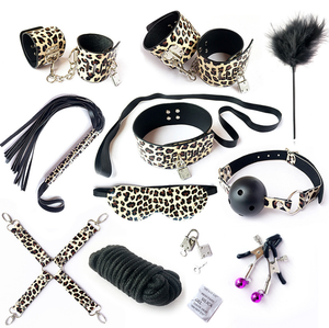 Ensemble de bondage en cuir PU imprimé léopard, 10 pièces/ensemble, menottes, bracelets de cheville, fouet, corde, bandeau, jouets pour adultes - Product Image 1