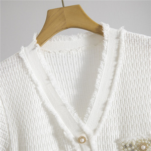 Women's Knitted V-Neck Short Sleeve Beaded <b>Midi</b> <b>Dress</b> <b>With</b> <b>Pockets</b> Elegant Summer Style - Product Image 2