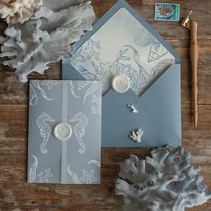 Invitación de Boda de Lujo en Papel Náutico Azul Polvoriento con Diseño de Caballito de Mar, Estrella de Mar, Coral y Concha, Sello de Cera e Impresión Personalizada - Product Image 3