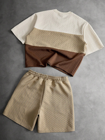 T-shirt pull color block pour homme à prix réduit - Coupe ample, manches courtes, col rond, haut décontracté d'été et ensemble short court pour homme