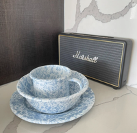 Marbre Bleu Mouchetures Blanc Points Émail Camping Ensembles Pique-Nique Émail Tasse 8cm Bol 15cm Assiette Plat 24cm Théière 2.4L Seau 3LSpoon