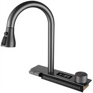 Modern Single Handle Brass Deck <b>Mounted</b> Brushed Kitchen Sink Faucet Pull <b>Spray</b> Digital Temperature Display Single Hole Hot/Cold - Product Image 3
