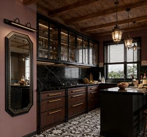 Gabinetes de Cocina de Madera Oscura Grandiosos y Personalizados BALOM - Muebles Elegantes con Almacenamiento de Puertas de Vidrio y Organización con Detalles en Dorado - Product Image 5