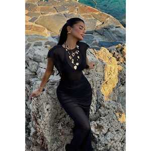 Robe noire basique imprimée sur mesure, style vintage élégant, avec décoration froncée, taille XL, taille empire haute, pour printemps, été, hiver - Product Image 3