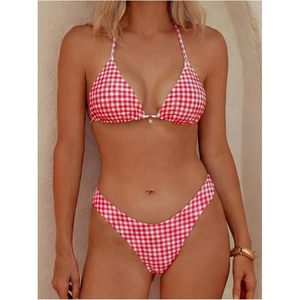 Conjunto de bikini de 2 piezas a cuadros para mujer FOXA, traje de baño triangular con cuello halter, bikini elástico de cintura alta para ropa de playa - Product Image 2