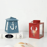 Bougeoir en métal à ancre rustique, scène de plage, vue sur l'océan, coquillages en verre, homard, lanterne de décoration côtière